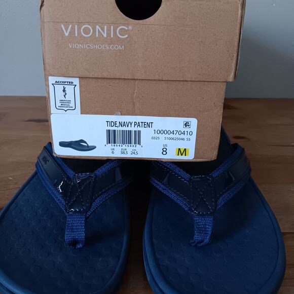 Vionic Tide Toe Post Women's Orthotic Sandals, Patent Leather Navy, Size US 8M - Picture 9 of 9